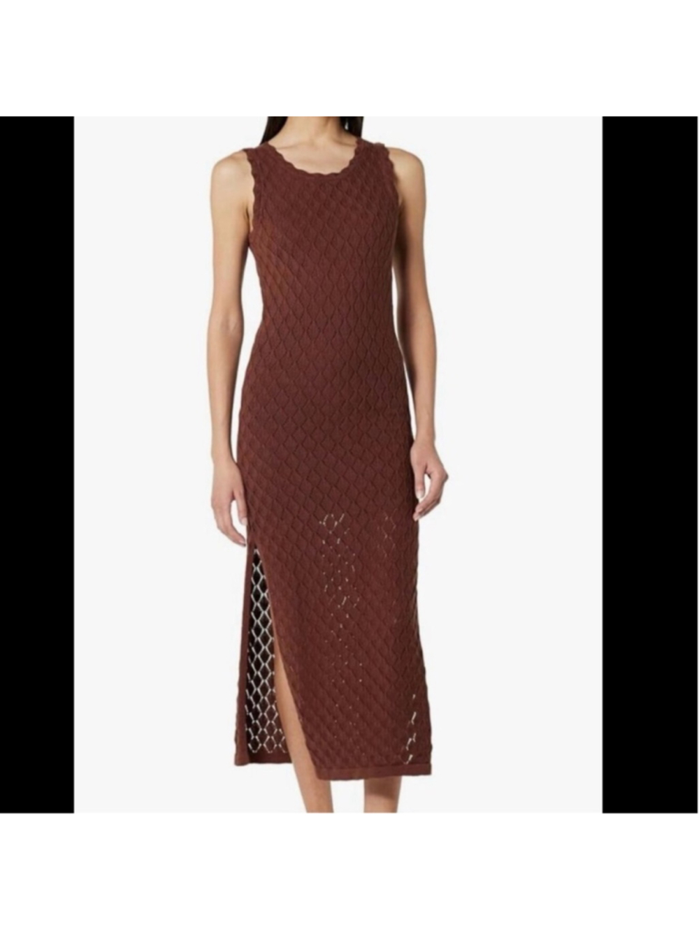 Crochet Maxi Dress Chocolate Brown Pointelle Open Knit Sleeveless Summer 1045